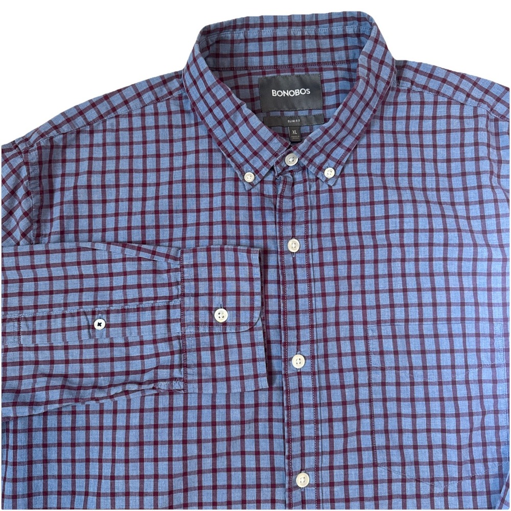 BONOBOS Men's Long Sleeve Button Down Blue And Red Checks Slim Fit XL